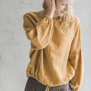 Linen Blouse Puffy Sleeve Poet Blouse Honey Gold